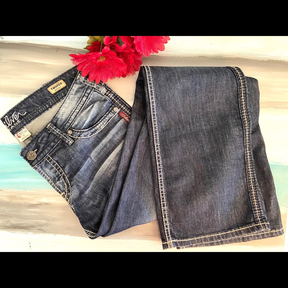 Silver twisted boot cut jeans